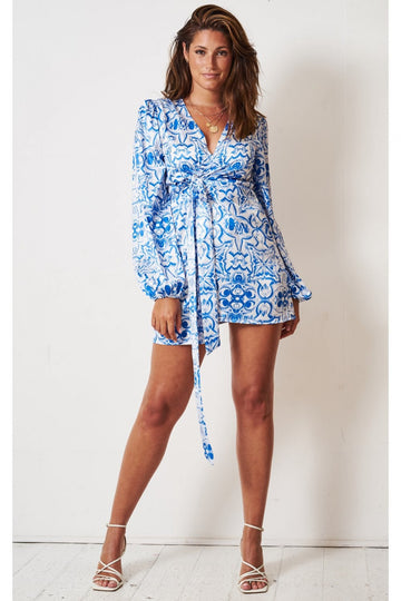 Love Frontrow Blue Porcelain Tile Mini Wrap Dress Love Frontrow